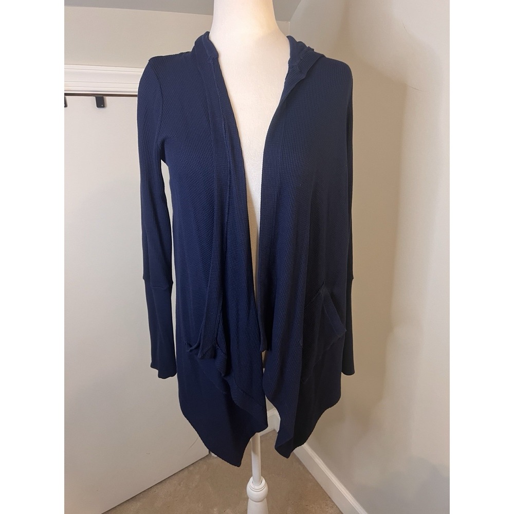 Splendid Waffle Knit Cardigan Hooded Sweater Women Draped Open Front Blue Small
